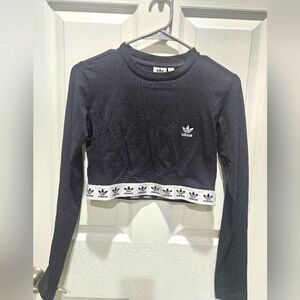 Adidas Women's Black Long Sleeve Cropped Tee with Logo Band Size Small
